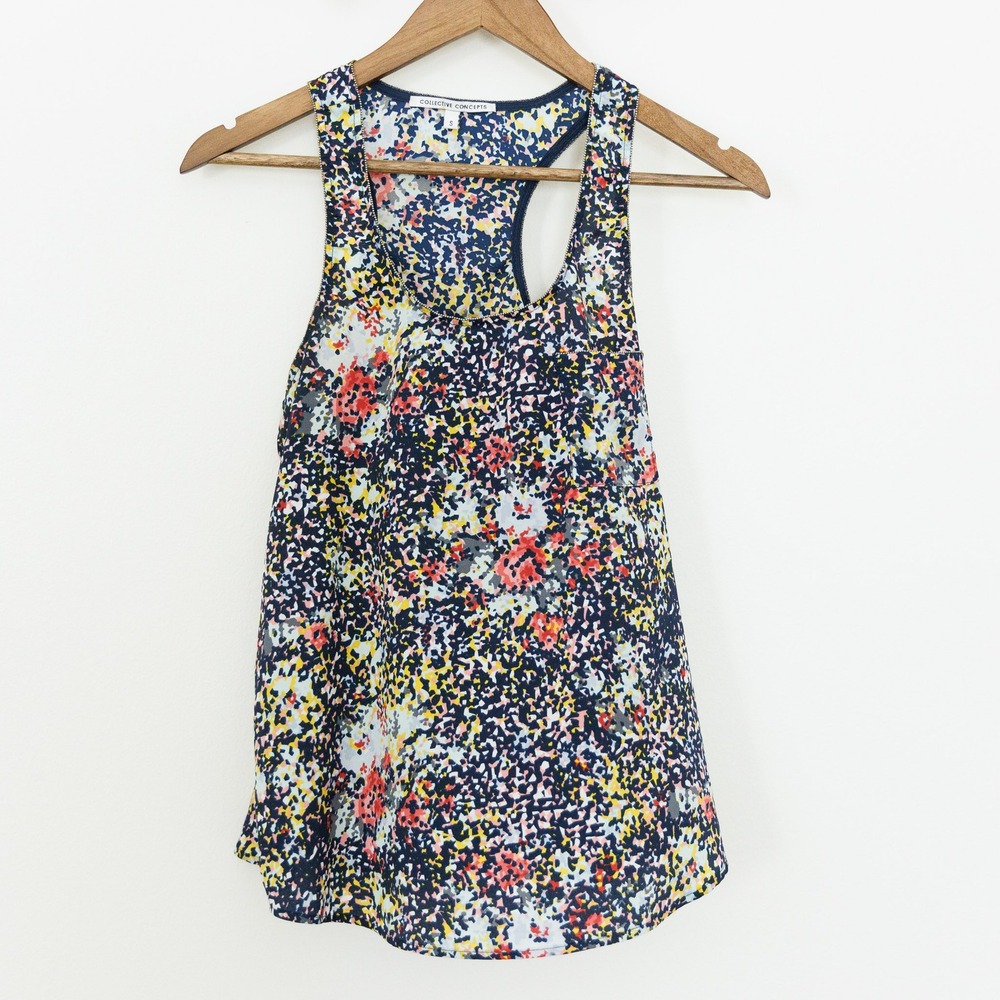 Collective Concepts Womens Small Abstract Floral Racerback Tank Top Navy Blue